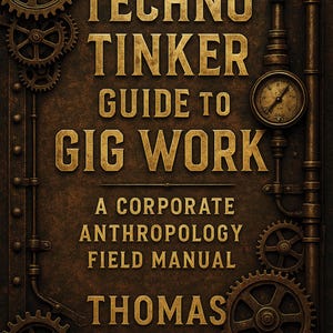 May include: A book cover with a steampunk aesthetic. The title reads "A Techno Tinker Guide to Gig Work" in gold lettering. The cover also includes gears, pipes, and a gauge against a textured brown background.