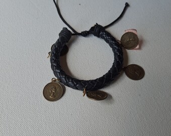Woven black leather adjustable bracelet with 5 dangling coin charms