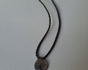 Large Double sided Tree of Life Pendant on braided brown leather necklace with clasp