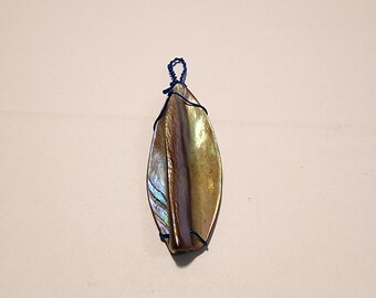 Blue wire wrapped Shell Pendant - possibly abalone