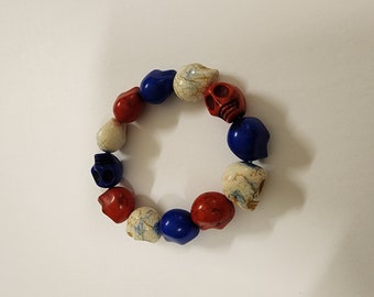 Large Red White Blue Magnesite Skull Bead Bracelet Elastic