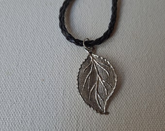 Pewter Hollow Medium Cast Leaf Pendant on black braided leather necklace
