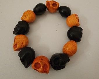 Large Black and Orange Magnesite Skull Bead Bracelet Elastic