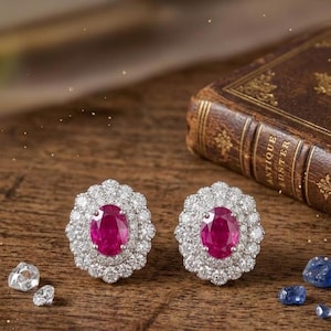 1,80 tcw Rubin diamant klusterörhängen - 18 karat vitguld Rubin diamant Halo örhängen – 18k guld Vintage diamantörhängen