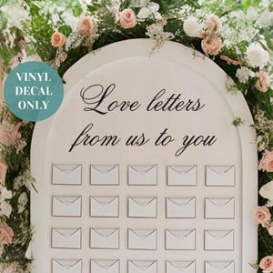 Calcomanía para plano de asientos de boda, cartas de amor de nosotros para ti, calcomanía para asientos de mesa de boda, letrero de pared con sobre de boda, calcomanía de bienvenida de boda