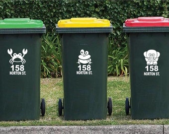 Personalised Wheelie Bin with Animal Sticker, Custom House & Street Name Decal for Bins, Rubbish Bin House Address, Weatherproof Vinyl