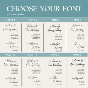 May include: A teal graphic with the text "CHOOSE YOUR FONT" and the shop's URL. Below are eight font options for wedding invitations, each displaying the phrase "Welcome to Our Wedding" with different names and dates.