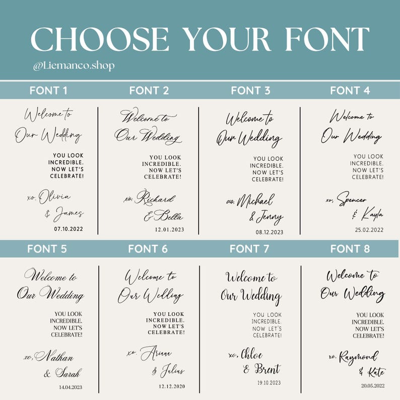 May include: A teal graphic with the text "CHOOSE YOUR FONT" and the shop's URL. Below are eight font options for wedding invitations, each displaying the phrase "Welcome to Our Wedding" with different names and dates.