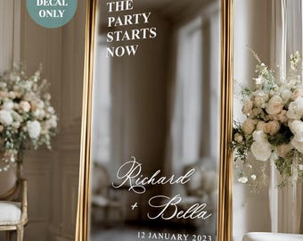 Vinilo decorativo personalizado para espejo, letrero de bienvenida para bodas, vinilo decorativo "La fiesta empieza ahora", letrero de boda para espejo DIY, vinilo decorativo para espejo de recepción de boda