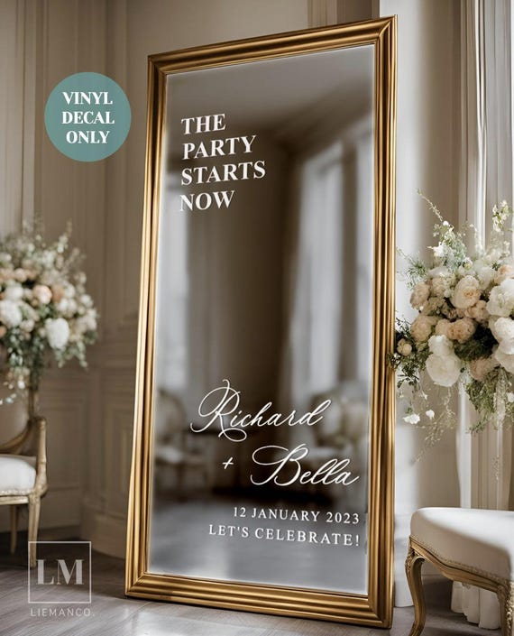 Personalised Mirror Decal for Wedding Welcome Sign, Party Starts Now Wedding Decal, DIY Mirror Wedding Sign, Wedding Reception Mirror Decal