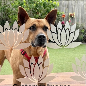 May include: A brown dog looking through a glass door with a white lotus flower decal. The text "Customer Images" is at the bottom of the image. The text "Hi Liesel. Thanks so much for the decals. They are perfect in stopping our pooch from running into the glass door!" is below the text "Customer Images".