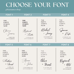 以下が含まれることがあります： CHOOSE YOUR FONTというタイトルのフォント選択チャートで、@Liemanco.shopのハンドル名が記載されています。FONT 1からFONT 8までの8種類の異なるタイポグラフィスタイルが表示されており、それぞれにTHE PARTY STARTS NOW、サンプル名、日付、LET'S CELEBRATE!というテキストが含まれています。