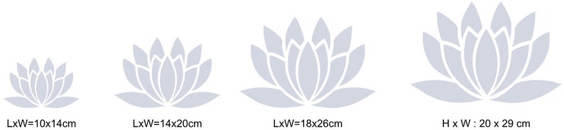 May include: Four grey lotus flower stencils in different sizes. The smallest stencil is 10 cm by 14 cm, the next is 14 cm by 20 cm, the next is 18 cm by 26 cm, and the largest is 20 cm by 29 cm.