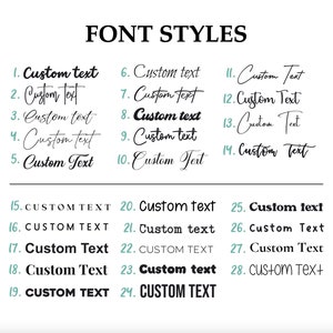 K&ouml;nnte beinhalten: Ein wei&szlig;er Hintergrund mit schwarzem Text, der 28 verschiedene Schriftarten zeigt. Der Text lautet "FONT STYLES" und listet dann die Zahlen 1 bis 28 mit verschiedenen Schriftarten f&uuml;r das Wort "Custom text" auf.