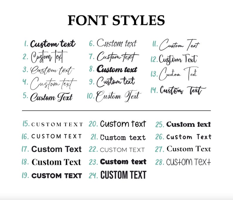 K&ouml;nnte beinhalten: Ein wei&szlig;er Hintergrund mit schwarzem Text, der 28 verschiedene Schriftarten zeigt. Der Text lautet "FONT STYLES" und listet dann die Zahlen 1 bis 28 mit verschiedenen Schriftarten f&uuml;r das Wort "Custom text" auf.