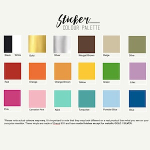 May include: A color palette chart with the text "Sticker Colour Palette" above a grid of color swatches. Colors include black, white, gold, silver, brown, beige, olive, red, orange, yellow, green, lilac, pink, and blue.