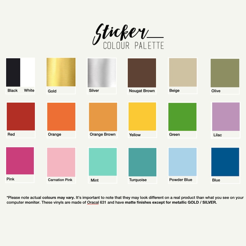 May include: A color palette chart with the text "Sticker Colour Palette" above a grid of color swatches. Colors include black, white, gold, silver, brown, beige, olive, red, orange, yellow, green, lilac, pink, and blue.