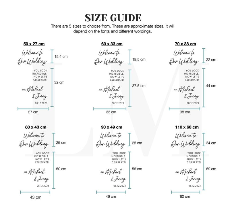 May include: A size guide for wedding signs, with five size options ranging from 20 x 10.6 inches to 43.3 x 23.6 inches. Each sign features the text "Welcome to Our Wedding," personalized names, and the date.