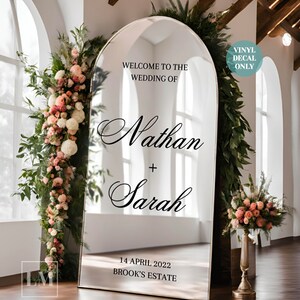 May include: A vinyl decal for a wedding welcome sign with the text "Welcome to the Wedding of Nathan + Sarah" and the date "14 April 2022" and the location "Brook's Estate".