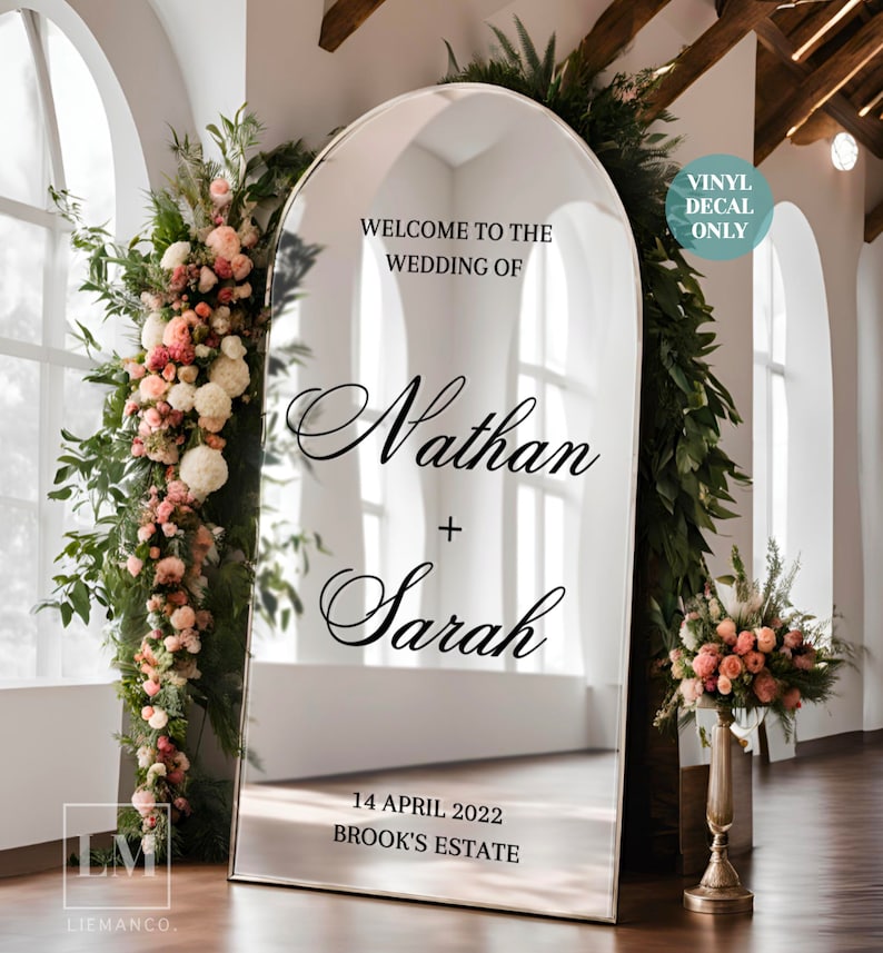 May include: A vinyl decal for a wedding welcome sign with the text "Welcome to the Wedding of Nathan + Sarah" and the date "14 April 2022" and the location "Brook's Estate".