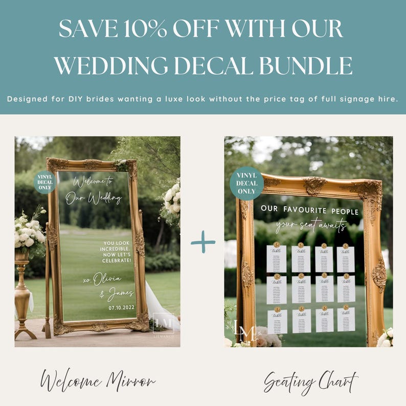 Op de afbeelding: Een trouwstickerbundel met witte vinyl belettering voor een welkomstspiegel en een tafelindeling. De welkomstspiegel toont "Welcome to Our Wedding", "YOU LOOK INCREDIBLE NOW LET'S CELEBRATE!", "xo Olivia & James" en "07.10.2022".