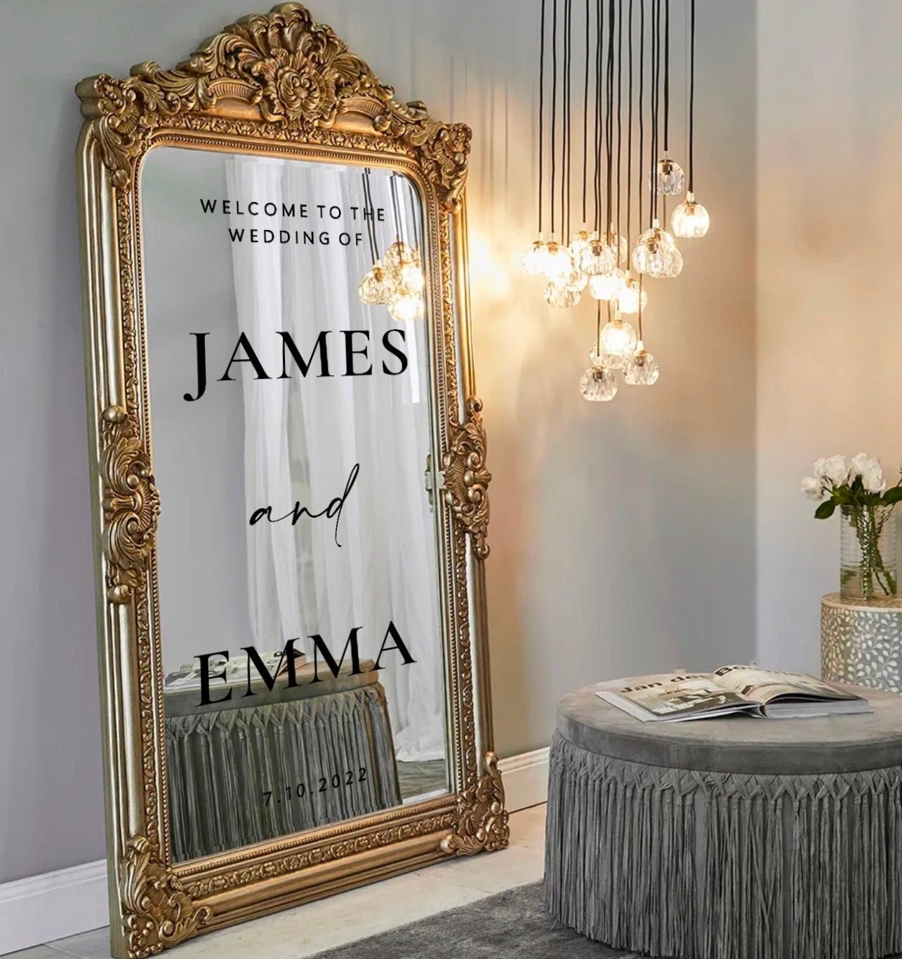 Custom Wedding Decal for Vintage Mirror, Rustic Welcome Wedding Sticker, Personalized Welcome Panel Decal, Wedding Reception Entrance Sign