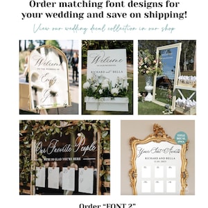 May include: Four wedding signs with a decorative gold frame and white background. The signs feature the text "Welcome to the Wedding of Emily & Gary", "Welcome to our Wedding Richard & Bella", "Our Favorite People We're so glad you're here", and "Your Seat Awaits Richard and Bella 12.01.2023".