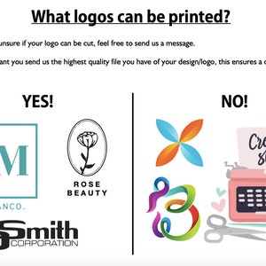 K&ouml;nnte beinhalten: Eine Grafik, die zeigt, welche Logos gedruckt werden k&ouml;nnen. Die Logos, die gedruckt werden k&ouml;nnen, sind: "LM", "Rose Beauty" und "ASmith Corporation". Die Logos, die nicht gedruckt werden k&ouml;nnen, sind: ein Kleeblatt, ein bunter Wirbel und "Creative Shop", geschrieben auf einer Schreibmaschine.