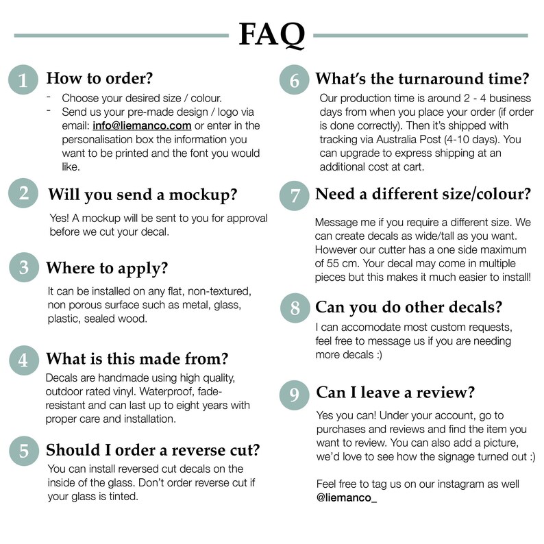 K&ouml;nnte beinhalten: FAQ zu benutzerdefinierten Aufklebern, einschlie&szlig;lich Informationen zu Bestellung, Bearbeitungszeit, Mockup-Anfragen, Anwendung, Materialien und dem Hinterlassen einer Bewertung. Der Text enth&auml;lt die E-Mail-Adresse info@liemanco.com und den Instagram-Handle @liemanco_.