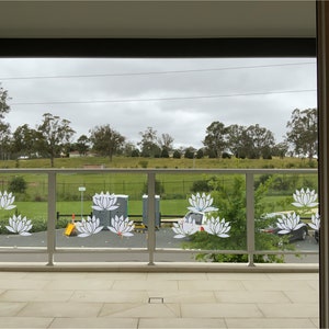 May include: A view from a balcony with a glass balustrade featuring white lotus flower decals. The balustrade overlooks a grassy field with trees in the background.