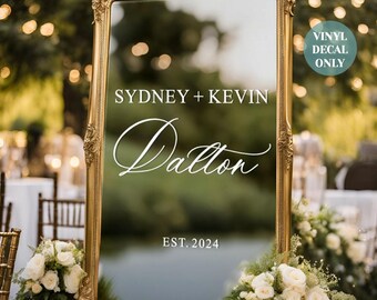 Elegante vinilo decorativo de bienvenida para espejo de boda, letrero de boda con apellido para espejo, vinilo decorativo personalizado para recepción de boda, letrero de bienvenida para la fiesta de boda