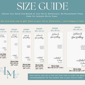 May include: Size guide for mirror decals. The guide shows decal sizes for various mirror dimensions, including 35" x 20", 59" x 16", 64" x 21", 65" x 24", 71" x 35", and 82" x 47". Each decal features the text "Welcome to Our Wedding".