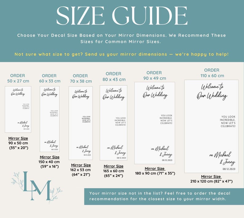 May include: Size guide for mirror decals. The guide shows decal sizes for various mirror dimensions, including 35" x 20", 59" x 16", 64" x 21", 65" x 24", 71" x 35", and 82" x 47". Each decal features the text "Welcome to Our Wedding".