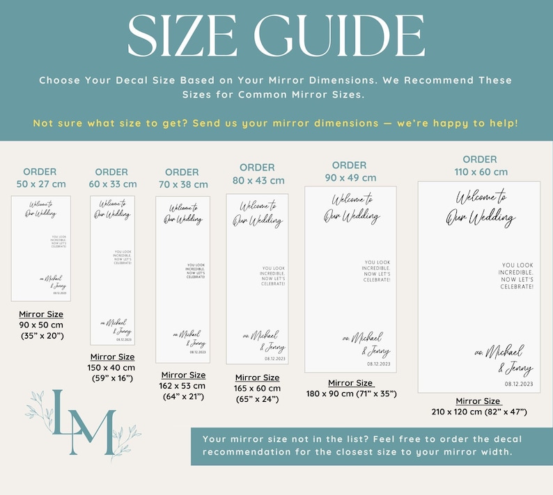 Op de afbeelding: Een maattabel voor trouwspiegelstickers met zes verticale rechthoekige lay-outs met de tekst Welcome to Our Wedding, You look incredible, now let's celebrate en Michael & Jenny. De afmetingen vari&euml;ren van 50x27 cm tot 110x60 cm.