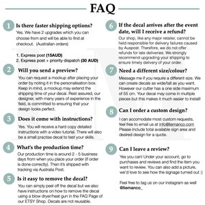 May include: A white and teal FAQ sheet with numbered questions and answers about decals. Topics include shipping, previews, instructions, production time, removal, refunds, sizes, custom designs, and reviews. The text is in a clean, easy-to-read font.