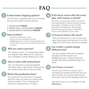 K&ouml;nnte beinhalten: Eine Seite mit h&auml;ufig gestellten Fragen (FAQ) f&uuml;r ein Unternehmen, das kundenspezifische Aufkleber verkauft. Die Seite enth&auml;lt Informationen zu Versandoptionen, Bestelldetails, Produktionszeit, R&uuml;ckgaben und Kundenbewertungen.