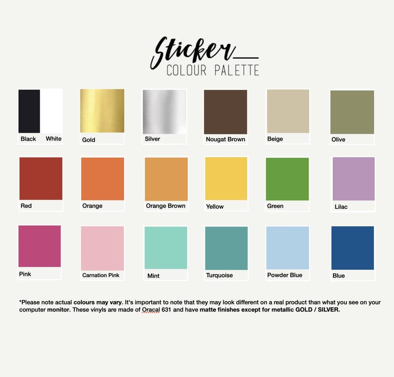 May include: A color palette chart with 18 different colors, including black, white, gold, silver, red, orange, yellow, green, blue, pink, and more. The chart is labeled "Sticker Colour Palette".