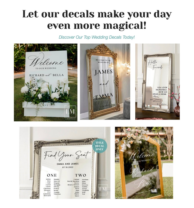 K&ouml;nnte beinhalten: Eine Sammlung von Hochzeitsempfangsschildern mit verzierten goldenen und silbernen Rahmen und wei&szlig;en Vinyl-Aufklebern. Die Schilder enthalten den Text "Willkommen zu unserer Hochzeit", "James und Emma", "Hallo Freunde", "Finden Sie Ihren Platz" und "Willkommen zu unserer Hochzeit Richard Bella".