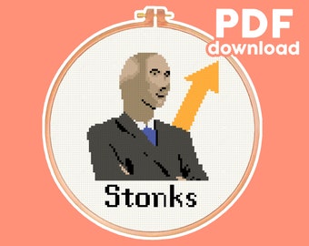 May include: A cross-stitch pattern of a bald man in a suit with a yellow arrow pointing up behind him. The text "stonks" is below the man.