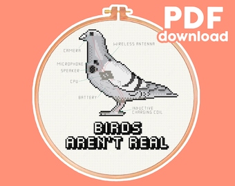 May include: A cross-stitch pattern of a pigeon with a humorous caption that reads "Birds Aren't Real". The pigeon is depicted with various internal components labeled, such as a camera, microphone, speaker, CPU, battery, wireless antenna, and inductive charging coil.