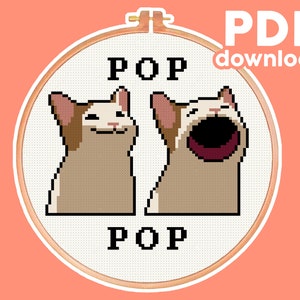 Pop Cat - Mouth Open, Popping Cat Meme - Funny, Modern, Subversive Cross Stitch Pattern - Digital PDF