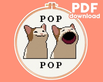 May include: Cross-stitch pattern featuring two cats, one with a surprised expression and the other with an open mouth, with the word "POP" above and below the cats.