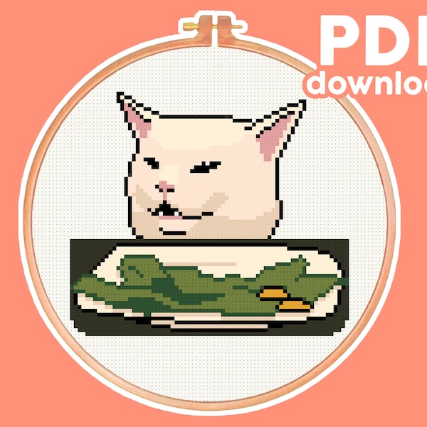 Confused Salad Cat Meme - Funny, Modern, Subversive Cross Stitch Pattern - Digital PDF