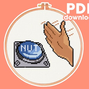 Può includere: Uno schema di ricamo a punto croce di una mano che si dirige verso un pulsante con la scritta "NUT".