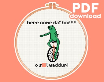 May include: A white embroidery hoop with a green frog riding a unicycle. The text "here come dat boi!!!!!" is above the frog and the text "o s t wadddup!" is below the frog.
