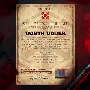 May include: A Sith Lord's Certificate for Darth Vader, with text and a Sith Order emblem. The certificate is delivered by Darth Sidious. A red lightsaber is visible in the image.