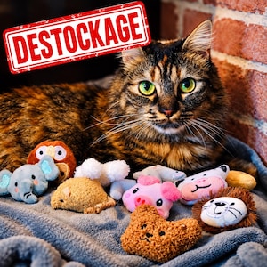 May include: A tortoiseshell cat with green eyes sits behind a collection of small plush animal toys, including an elephant, pig, and lion, with a red rectangular sign in the corner displaying the white text DESTOCKAGE.