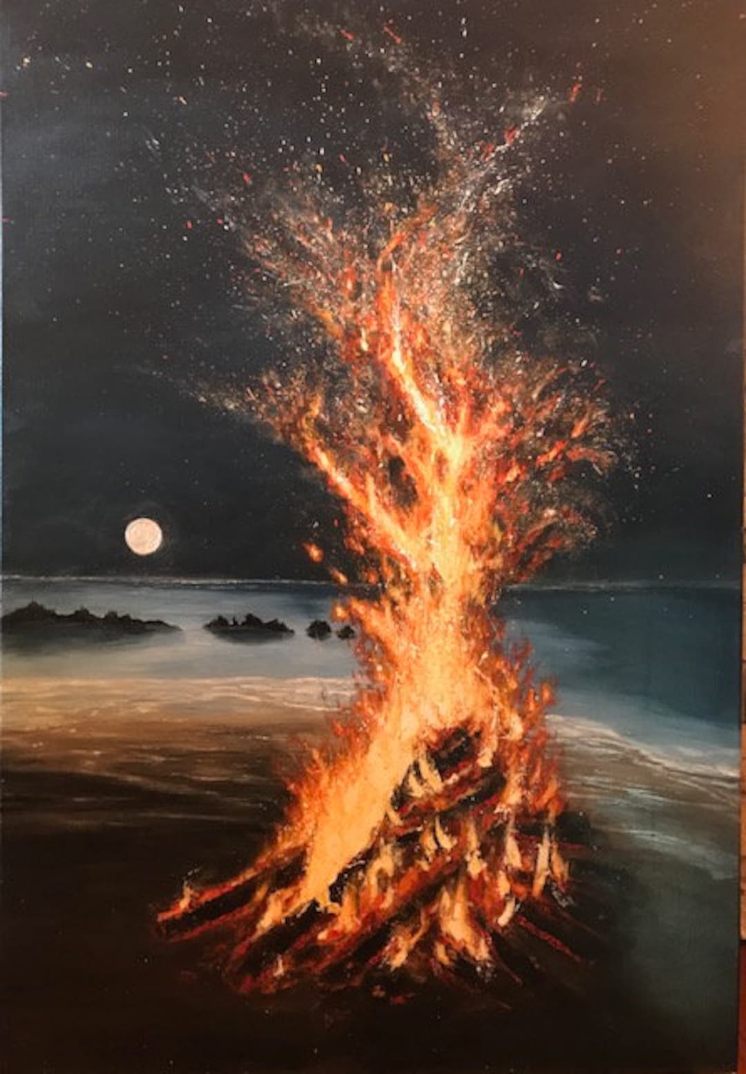 BONFIRE on the BEACH Original Oil on Canvas Hawaiian Camp Fire