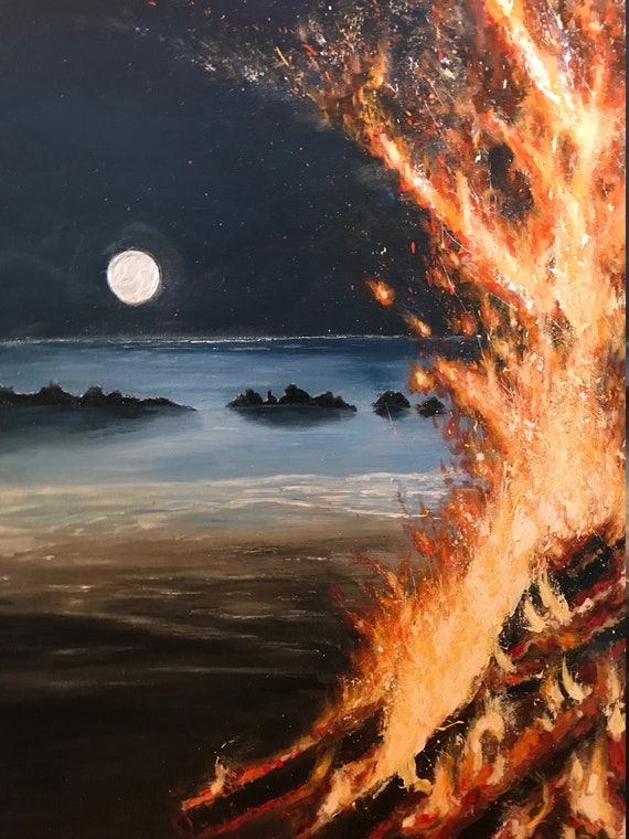 BONFIRE on the BEACH Original Oil on Canvas Hawaiian Camp Fire