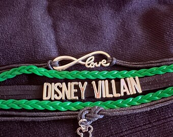 Pulsera ajustable con dije de la Reina Malvada, Úrsula, Maléfica y Música Infinity Love de Disney, hecha a mano, color negro y verde.